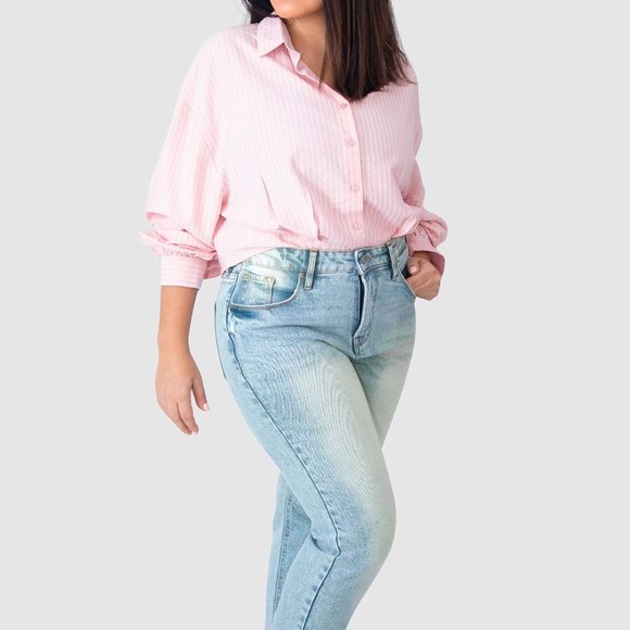 OLGYN High Waisted Light Blue Straight Denim Pant - Picture 5 of 5